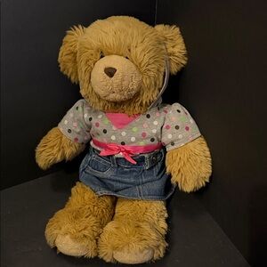 Build-A-Bear Brown Teddy with Polka Dot Shirt and Denim Skirt